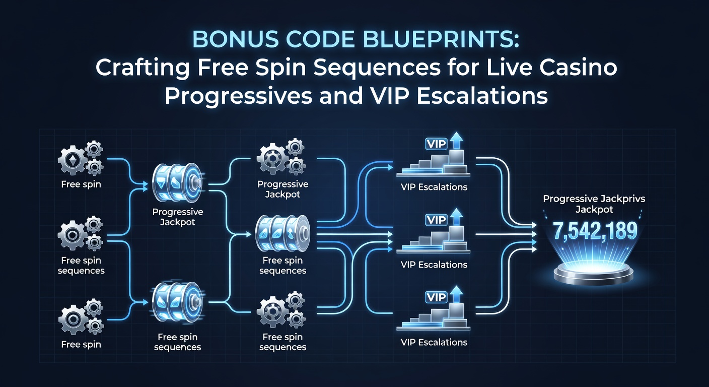 Digital blueprint overlay on casino slot reels showing chained free spin icons and progressive jackpot meters climbing alongside VIP ladder graphics