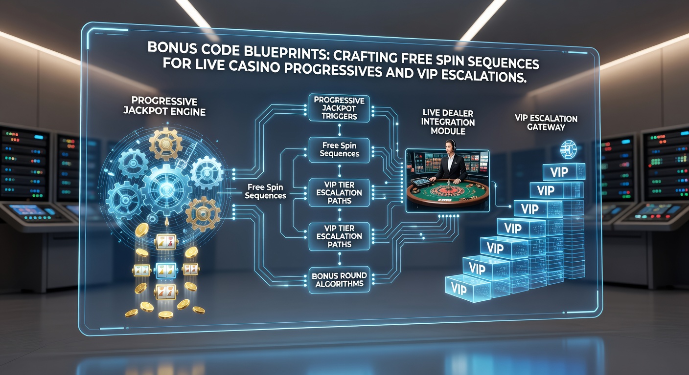Close-up of a casino interface displaying a sequence of bonus code activations, free spin counters chaining together, live dealer progressive jackpot rising, and VIP tier ladder progressing upward with golden escalator visuals