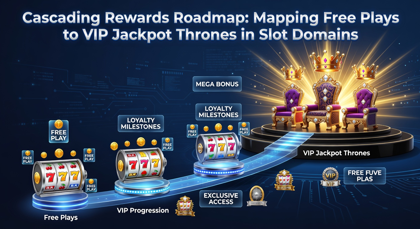 Visual roadmap showing free plays cascading into loyalty points, VIP tiers, and jackpot symbols on slot reels