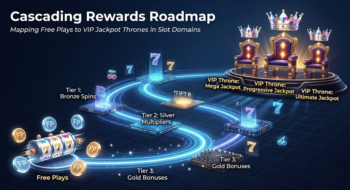 Diagram of VIP jackpot throne with cascading free play paths branching to progressive pots and loyalty crowns