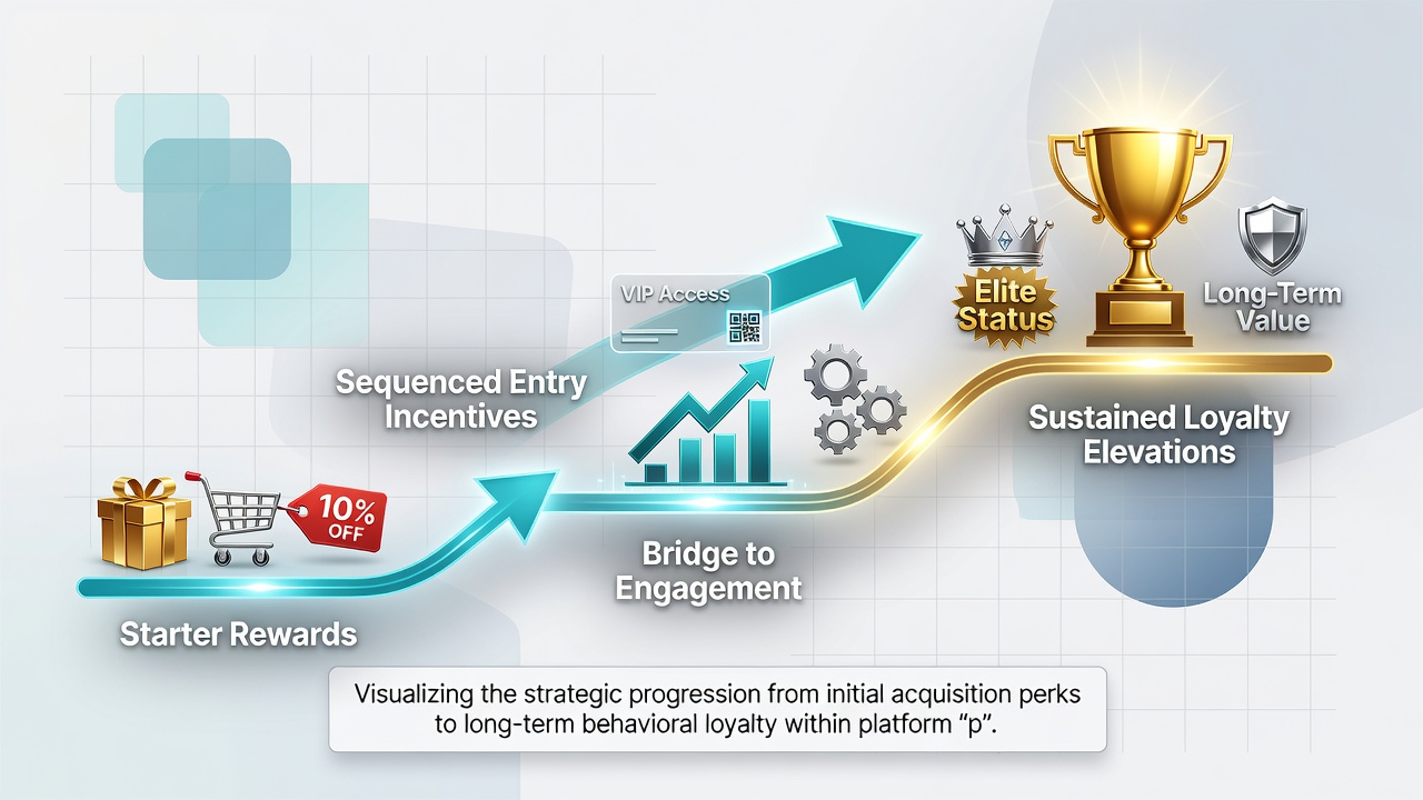 Diagram showing progression from starter bonuses through intermediate rewards to sustained VIP loyalty tiers on mobile progressive platforms