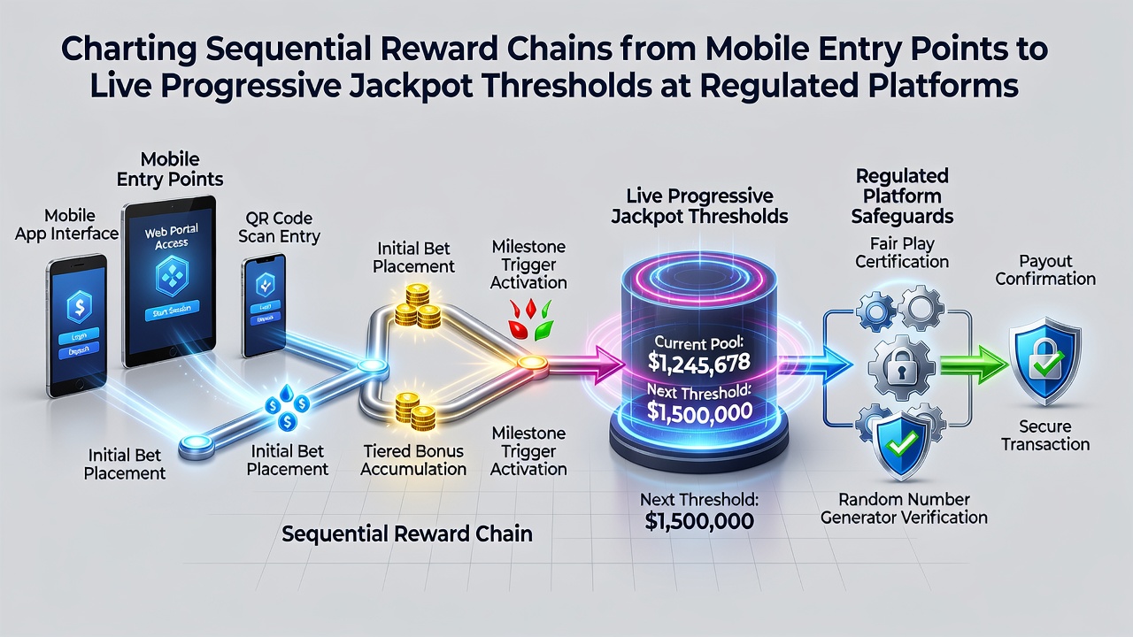 Diagram showing mobile app interface transitioning through bonus stages toward a live progressive jackpot meter on a regulated platform