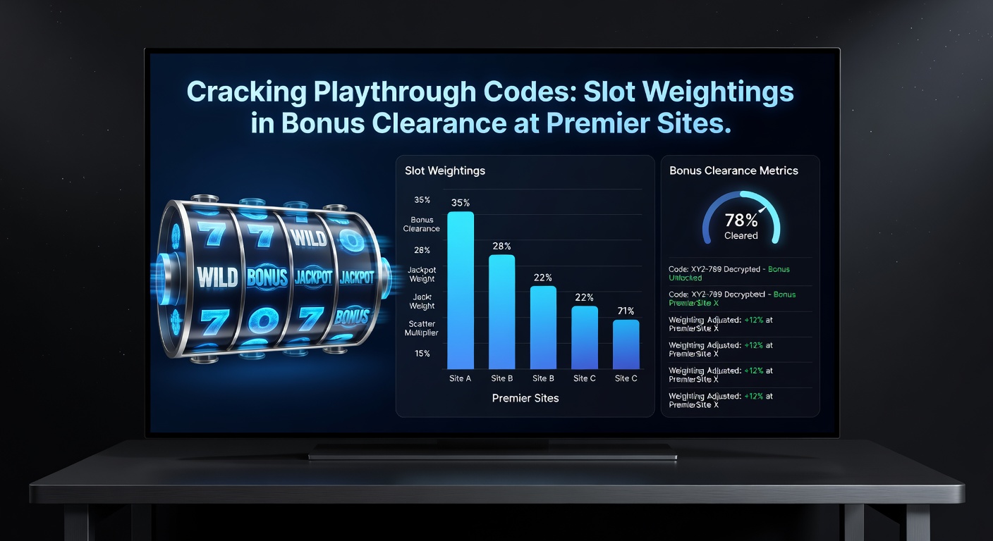 Screenshot of a casino bonus terms page detailing slot contribution table, with highlighted 100% weighting slots and playthrough progress bar