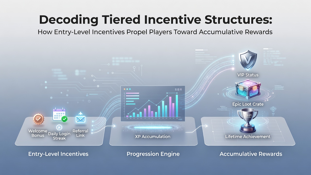 Progression dashboard showing tier advancement from entry incentives to jackpot milestones on a portable reel application