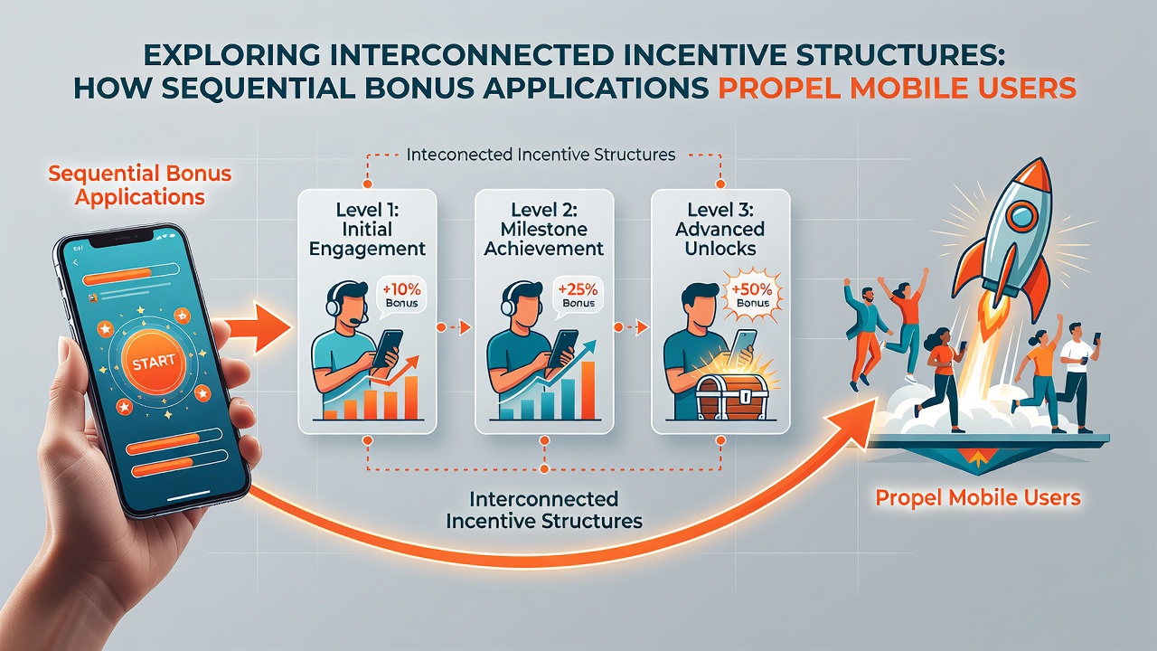 Illustration of interconnected bonus pathways connecting mobile gameplay stages to VIP level icons and accumulating jackpot counters
