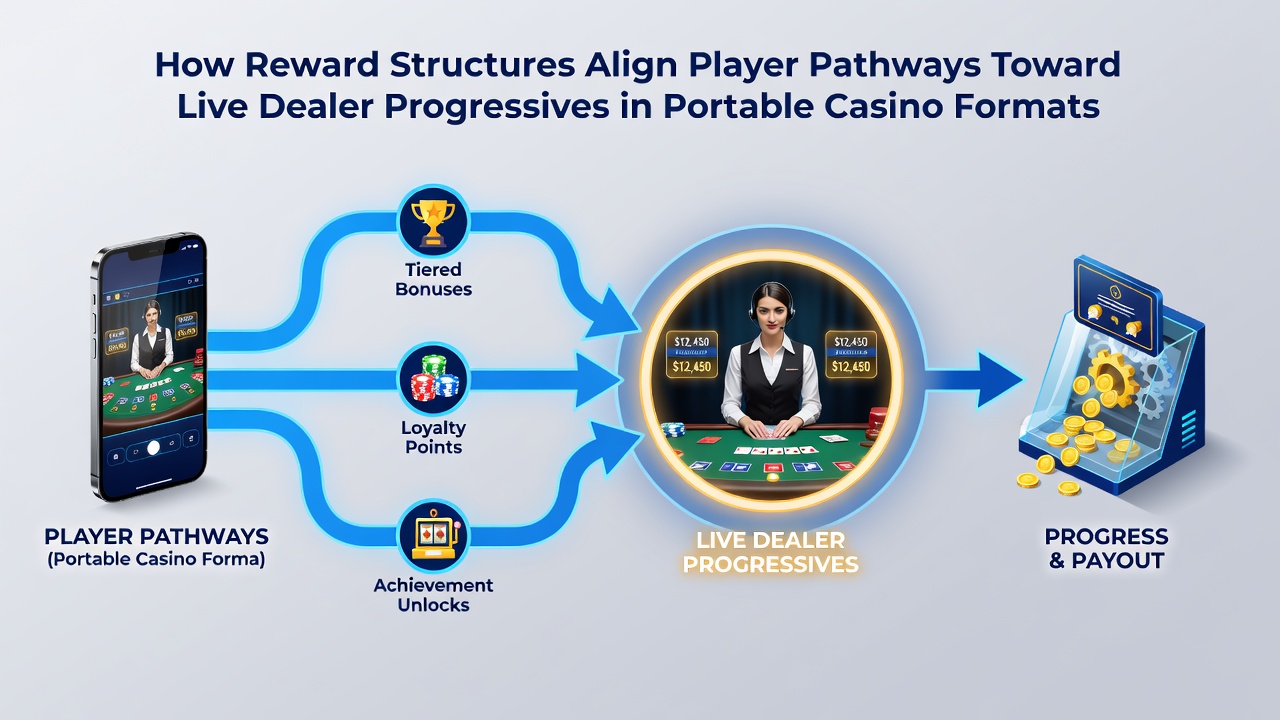 Infographic showing player progression from mobile slots to live dealer progressive jackpots via reward tiers