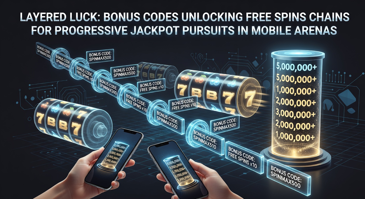 Mobile slot player unlocking free spins chain on progressive jackpot game via bonus code, screen glowing with cascading reels and rising jackpot meter