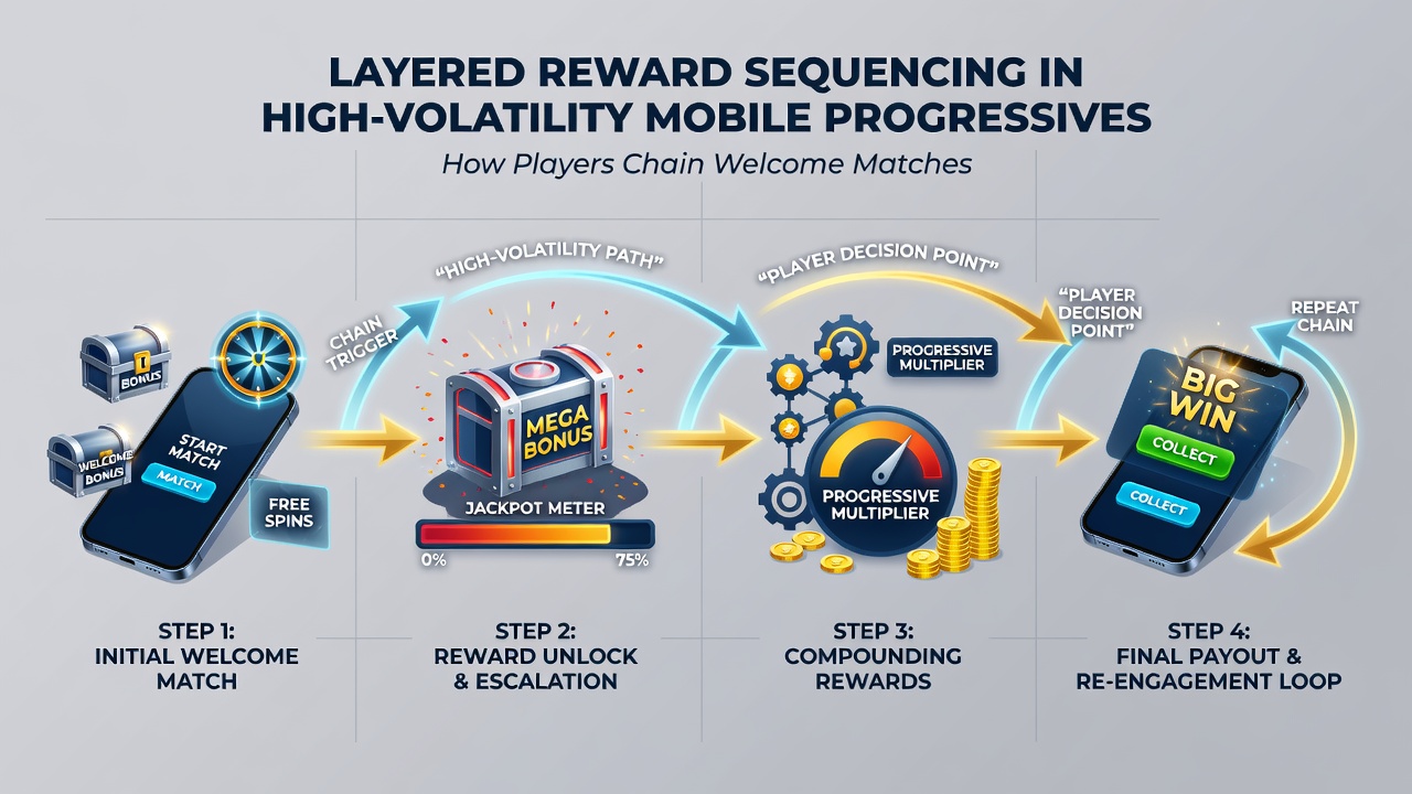 Infographic showing reward sequencing flow from welcome bonus through VIP tiers on mobile progressive slots