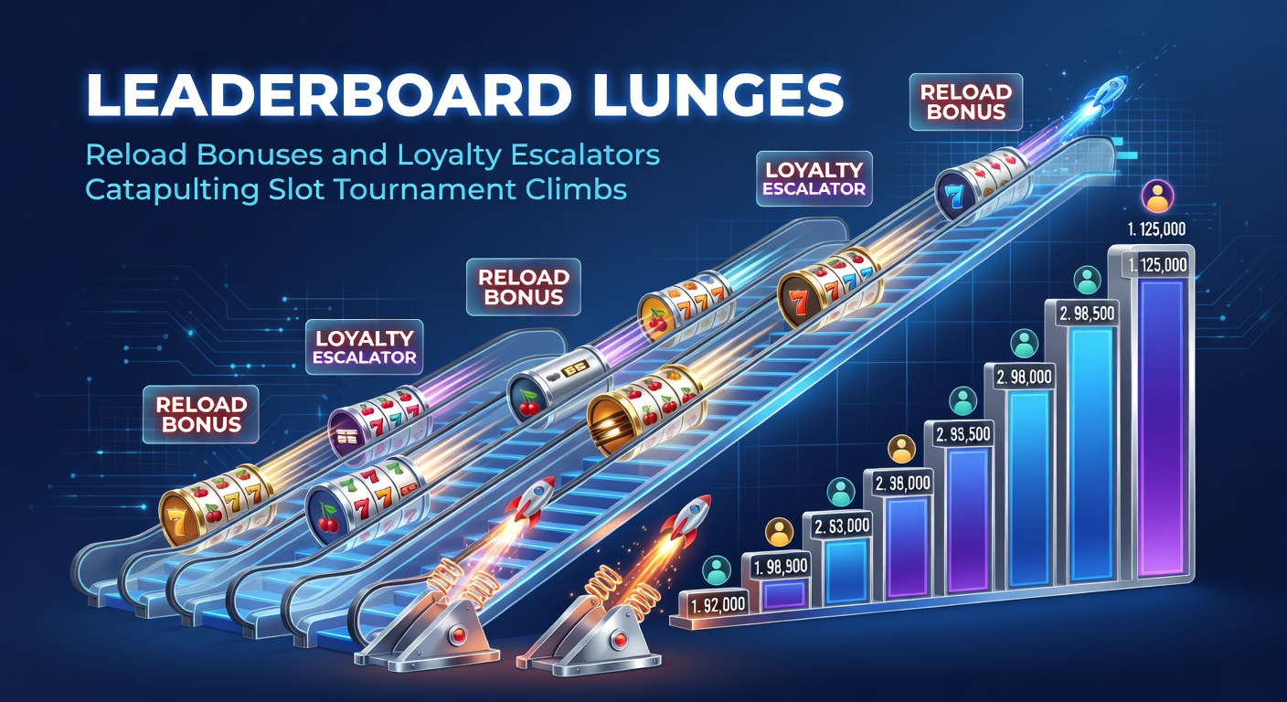 Loyalty program tiers illustrated with escalators lifting slot players toward tournament leaderboard dominance