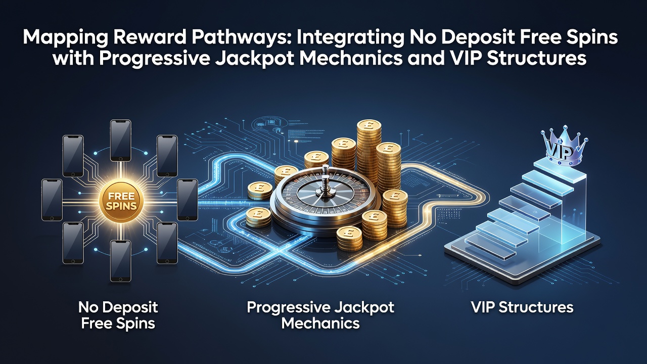 Visual diagram showing connections between no deposit free spins, progressive jackpot features, and VIP reward tiers on mobile casino interfaces