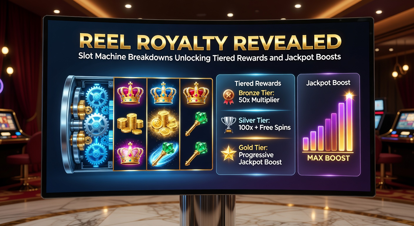 Vibrant slot machine reels spinning with golden crowns and jackpot symbols lighting up tiered reward ladders in a casino glow