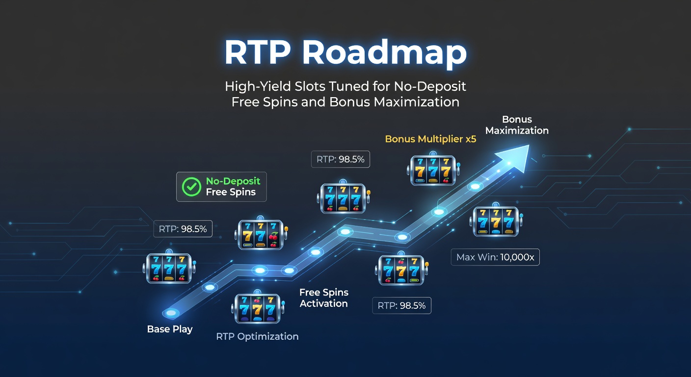 Vibrant slot reels spinning with glowing RTP percentages and free spin icons overlayed on a digital roadmap graphic