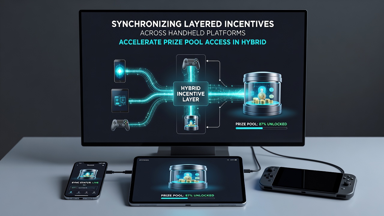 Hybrid reel slot interface showing synchronized mobile incentive layers and prize pool progress