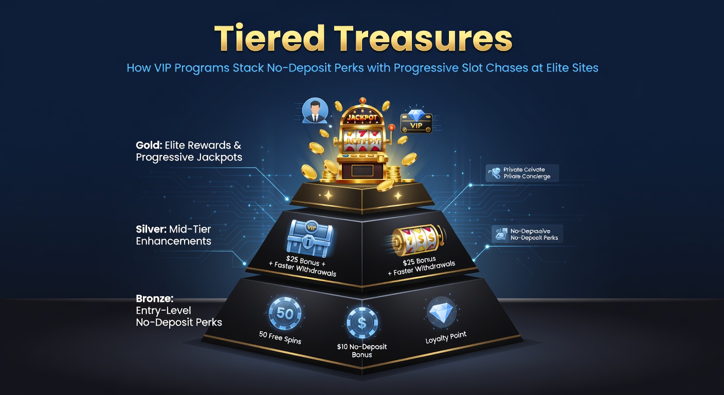 Vibrant illustration of tiered VIP levels unlocking treasure chests filled with slot symbols and jackpot meters climbing high