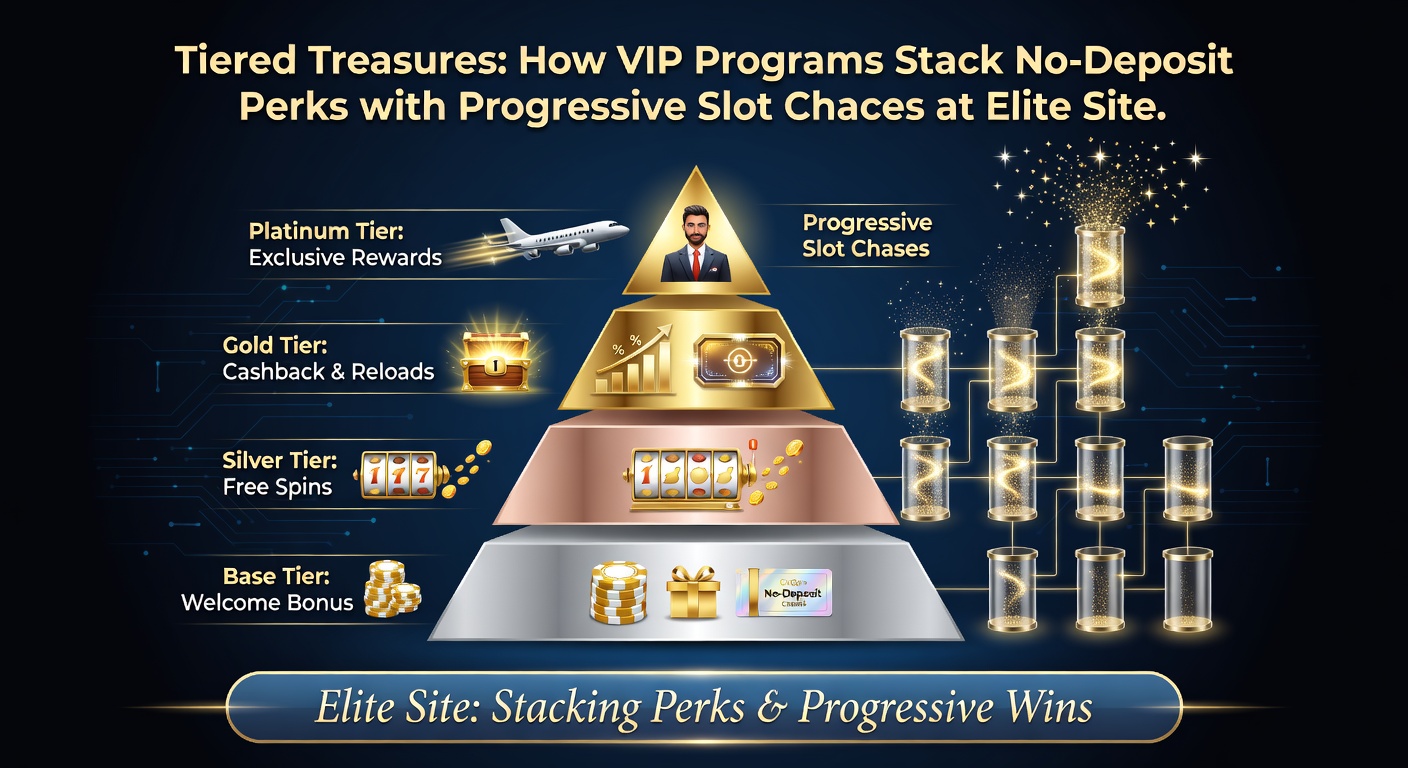 Dynamic graphic showing stacked VIP badges, no-deposit coin piles, and exploding progressive jackpot meters in a luxurious casino vault setting
