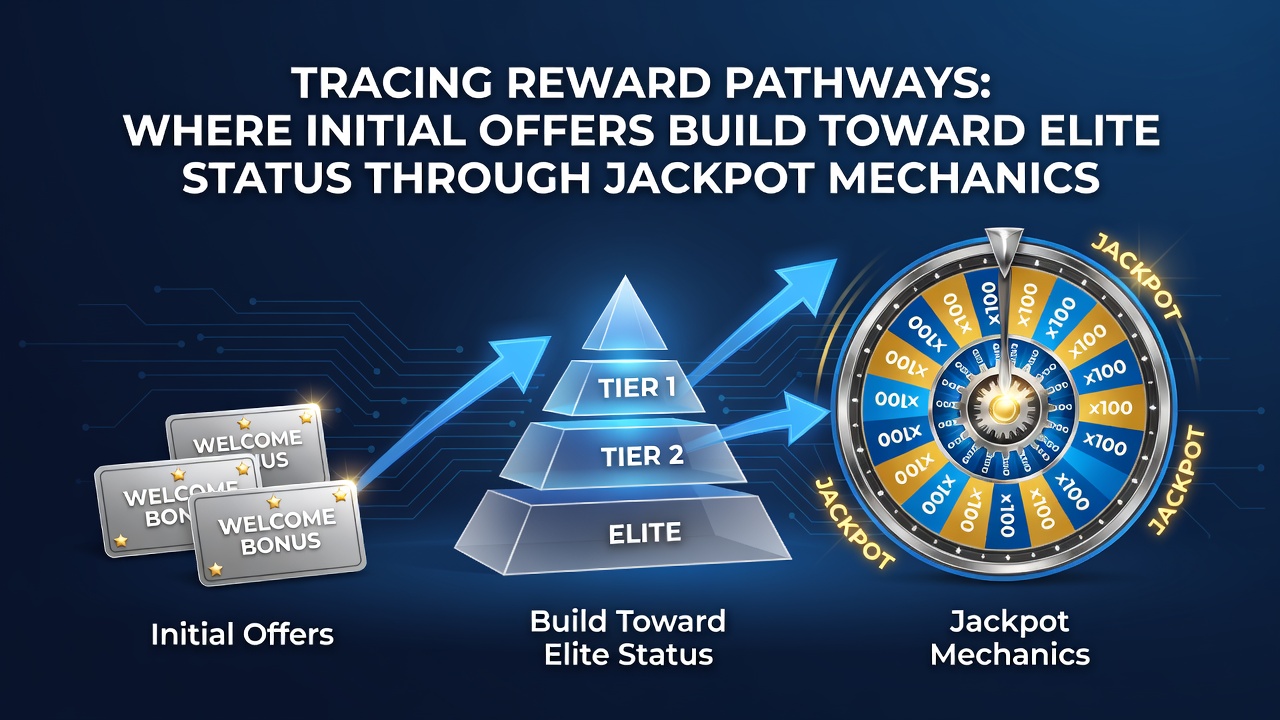 Infographic showing reward pathway progression from basic offers to VIP jackpot tiers on mobile screens