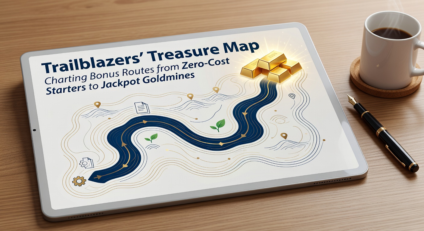 A detailed treasure map illustration showing winding paths from starting points marked with free spin icons to golden jackpot chests, overlaid on a vibrant slot machine backdrop