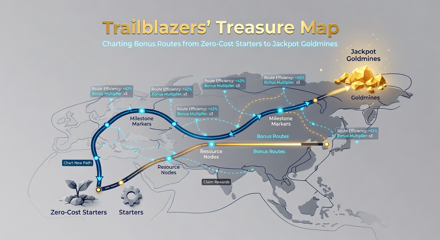 Dynamic graphic of a slot trailblazer character climbing a bonus ladder from free spins at the base to a glowing progressive jackpot summit, with route markers for VIP tiers and cashback stops