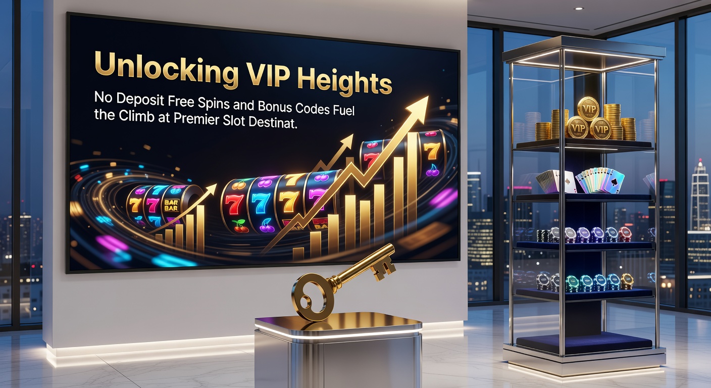 A sleek ladder ascending through glowing slot symbols and VIP crown icons, with no-deposit bonus codes etched into each rung against a starry night sky of jackpot lights