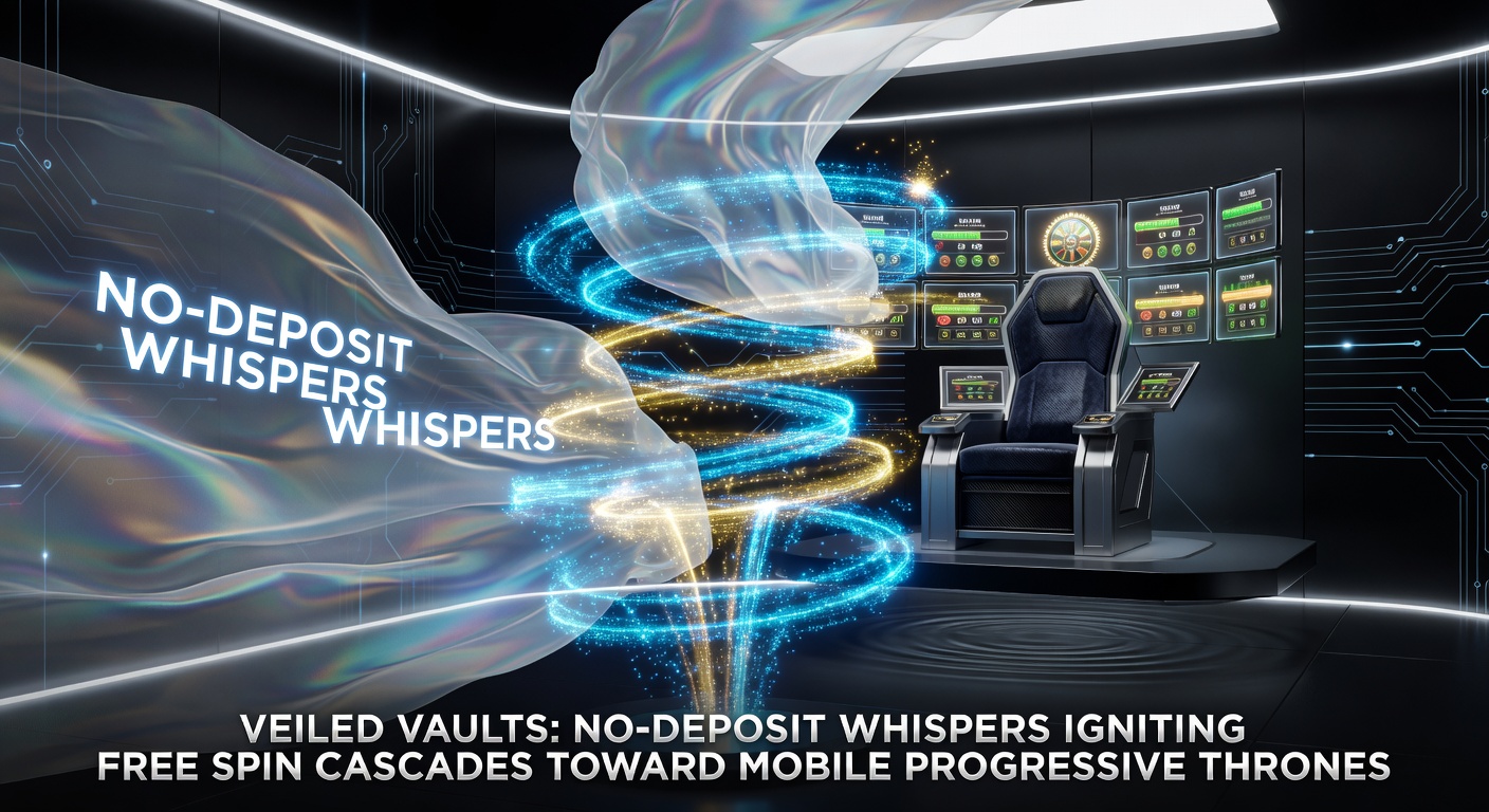 Illustration of a shadowy vault door cracking open, revealing cascading golden coins and spinning slot reels on a mobile screen, symbolizing hidden no-deposit bonuses leading to progressive jackpots