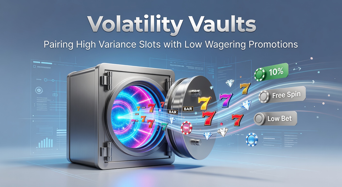 Dynamic graphic showing exploding slot reels with vault doors opening to reveal low wagering bonus icons, symbolizing high-variance wins unlocked by smart promotions