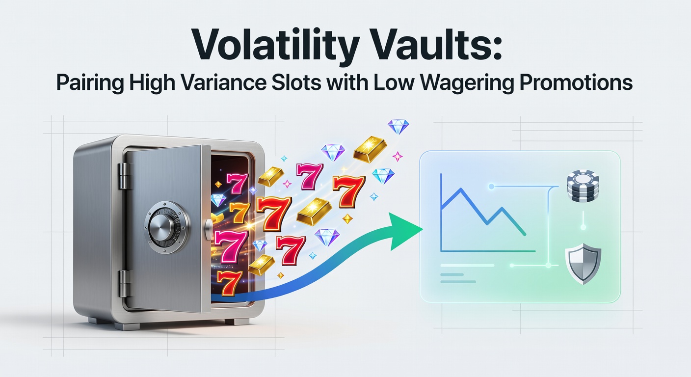 Close-up of a slot vault cracking open with cascading coins and low wagering badges, illustrating the explosive synergy of high-variance gameplay and easy bonus clearance