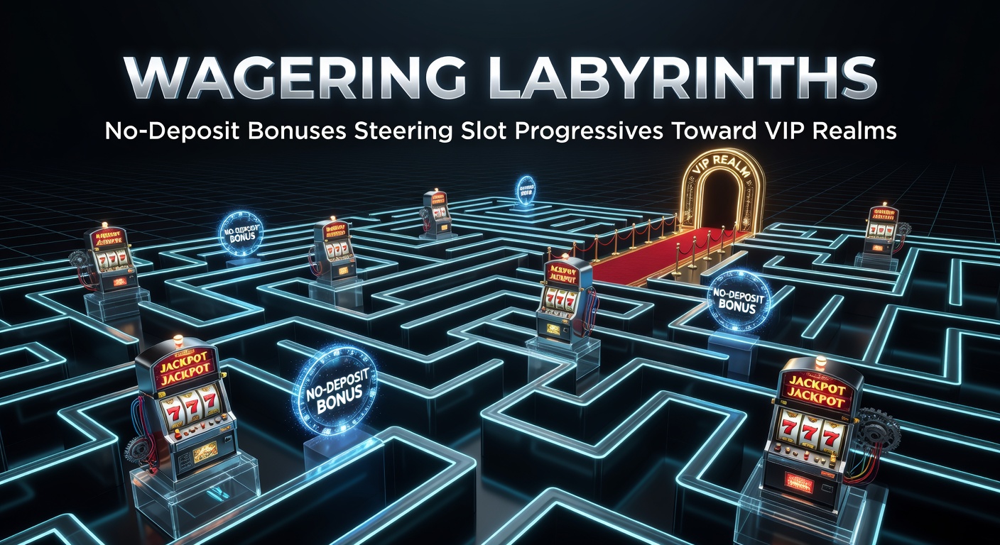 Visual maze representing complex wagering requirements, with paths leading from no-deposit bonuses to glowing progressive jackpots and VIP lounges