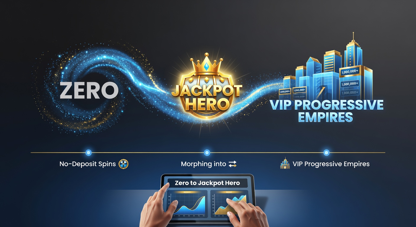 Player dashboard showing no-deposit spins evolving into stacked VIP levels with progressive jackpot meters overflowing